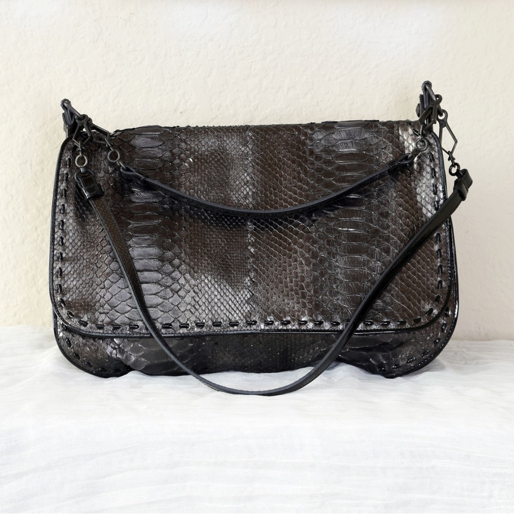Bottega Veneta Flap Shoulder Bag In A Metallic Dark Silver Iron Python Skin.